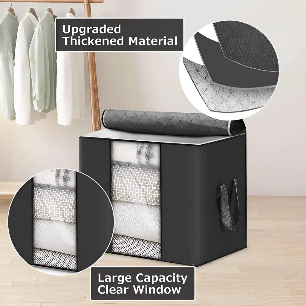 Beige non-woven storage bag with handbag shape for organising quilts and clothes in a wardrobe.