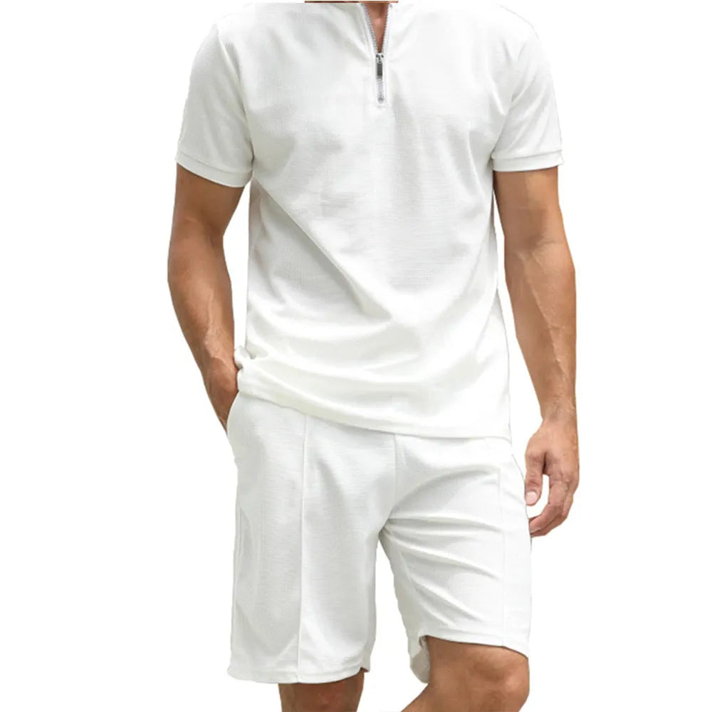 Men's solid colour polo shirt and trousers two-piece suit set in beaded bird's eye fabric.