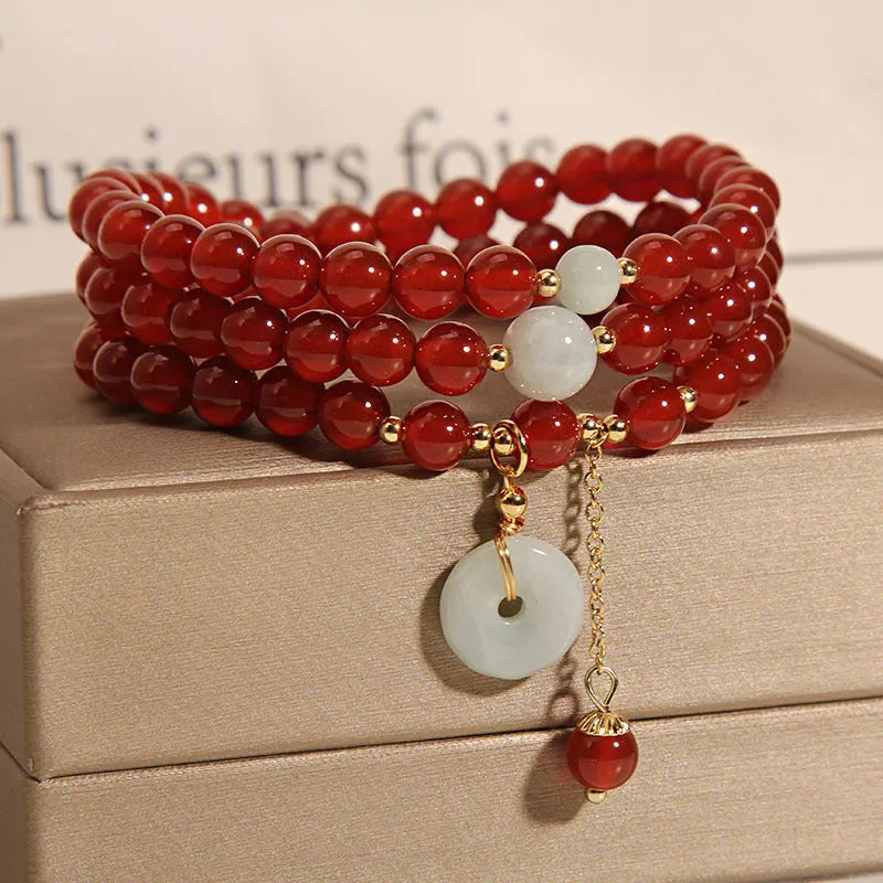 Women's red agate multi-layer bracelet with crystal accents and elastic band