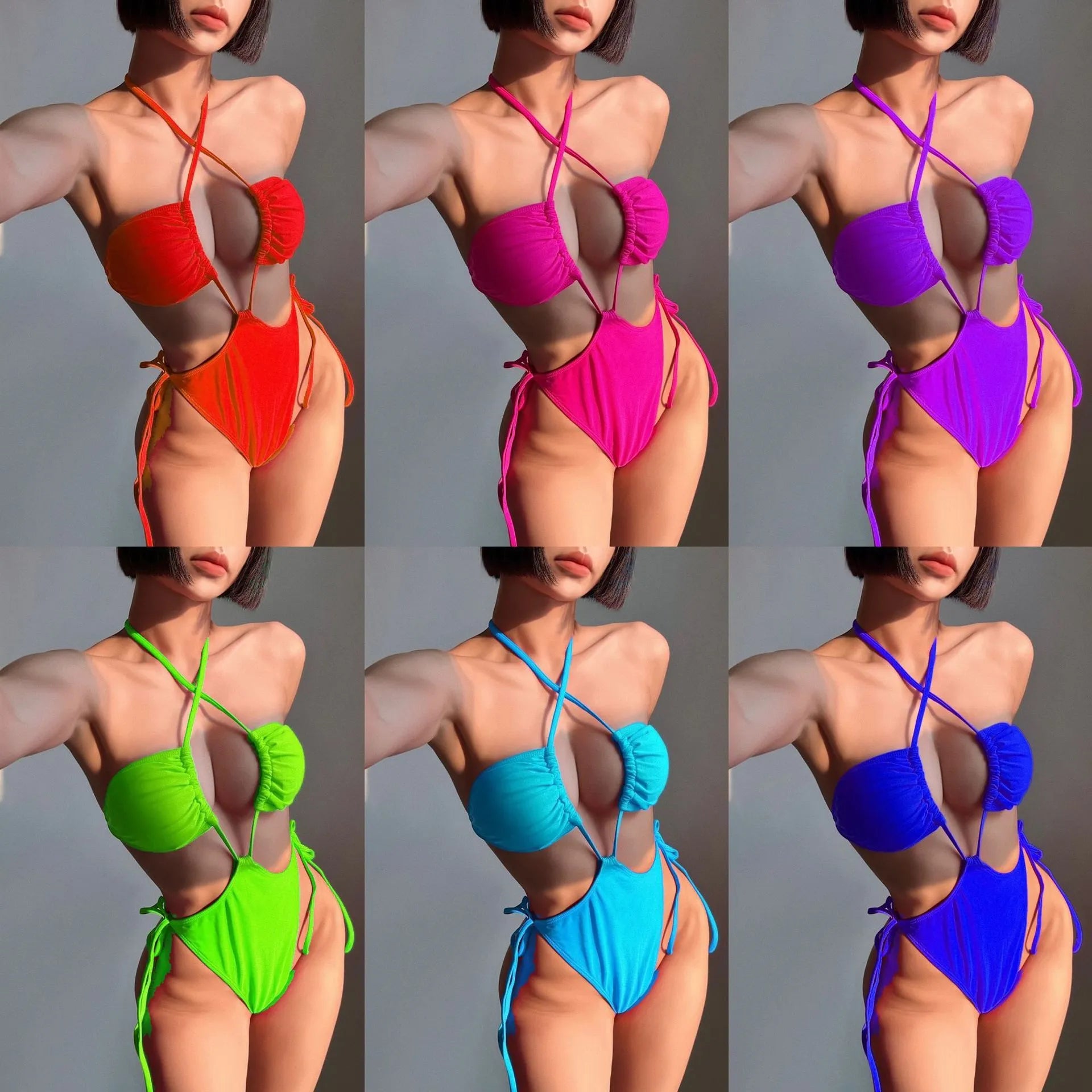 Women's solid colour one-piece swimsuit with a front drawstring, shown in briefs style.