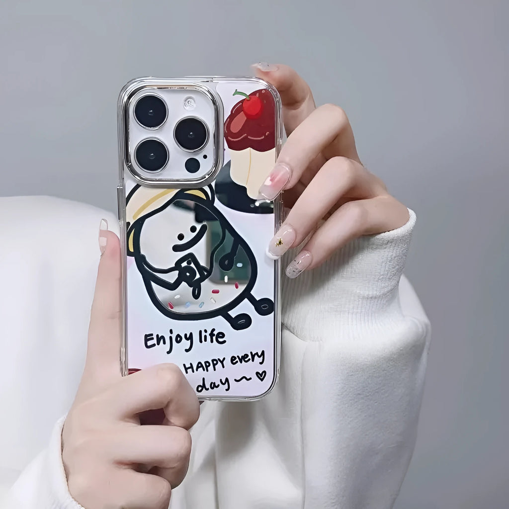 Potato chip cartoon mirror phone case for Apple iPhone with electroplated ring and drop-resistant PC material