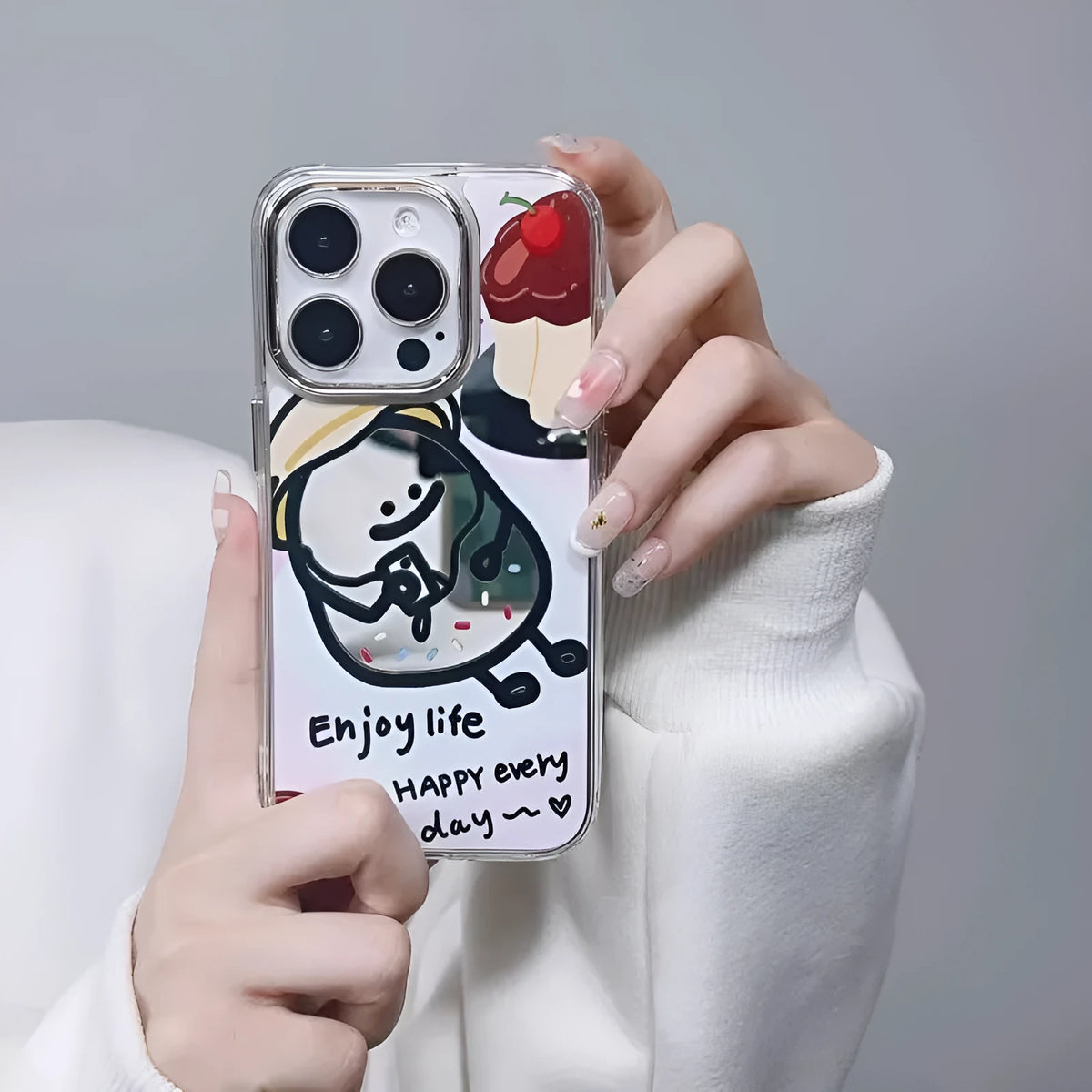 Potato chip cartoon mirror phone case for Apple iPhone with electroplated ring and drop-resistant PC material