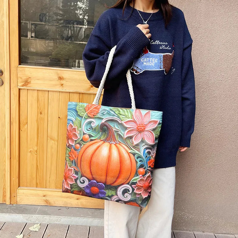 Cotton linen canvas shoulder bag with double straps and open front pocket