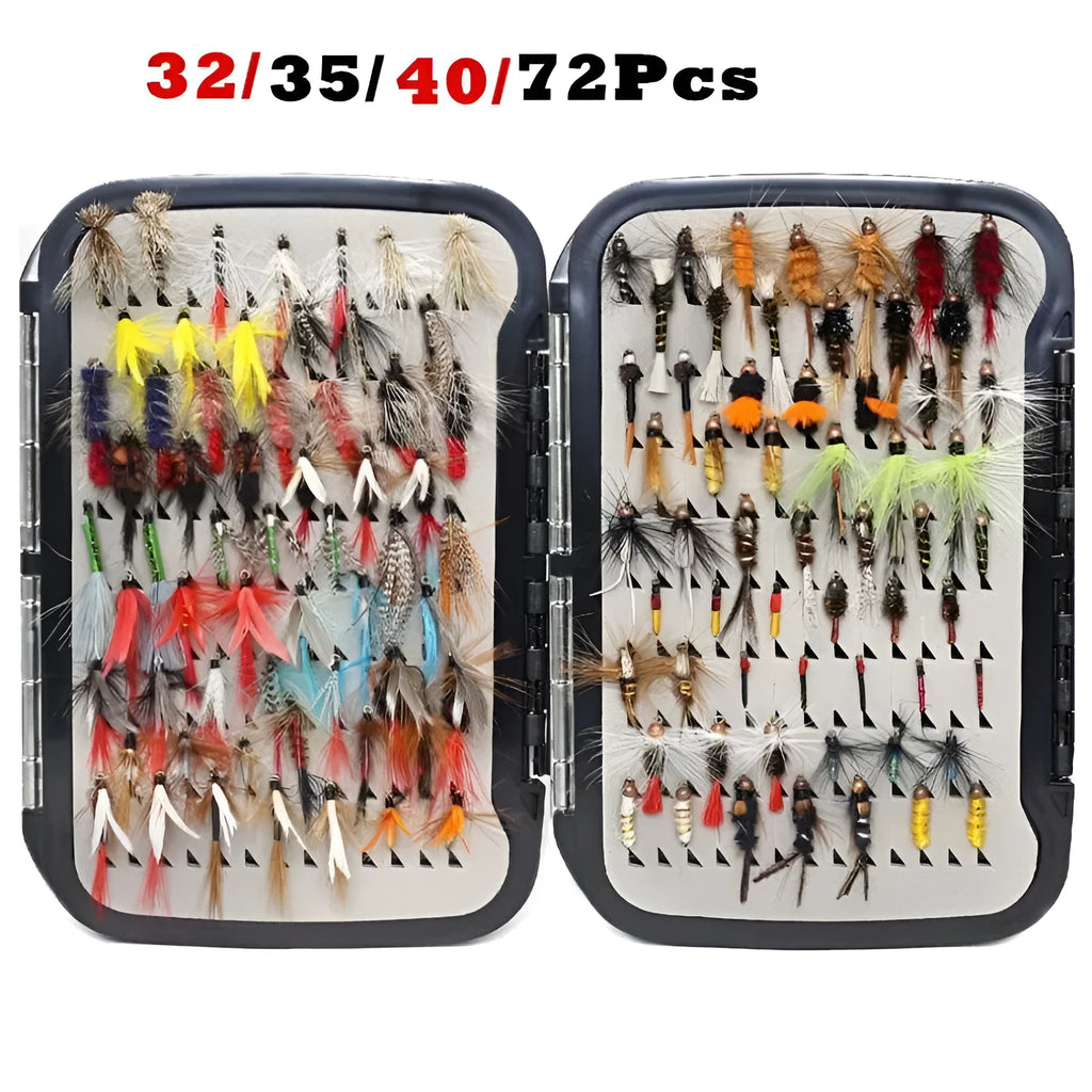 Fly hook micro lure suit with 114 pieces, bionic sequin design, old gun colour, in box display