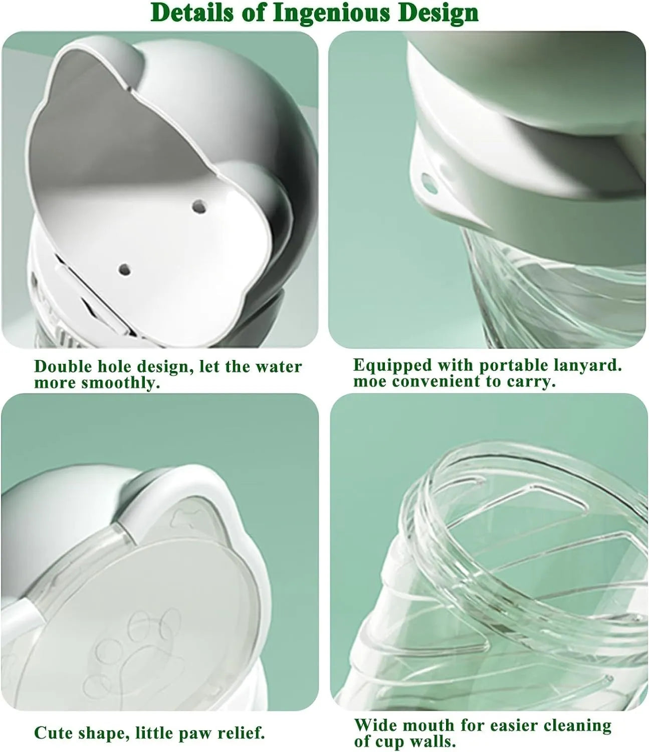 Green 3-in-1 portable pet water bottle with food container and waste bag dispenser held by hand.