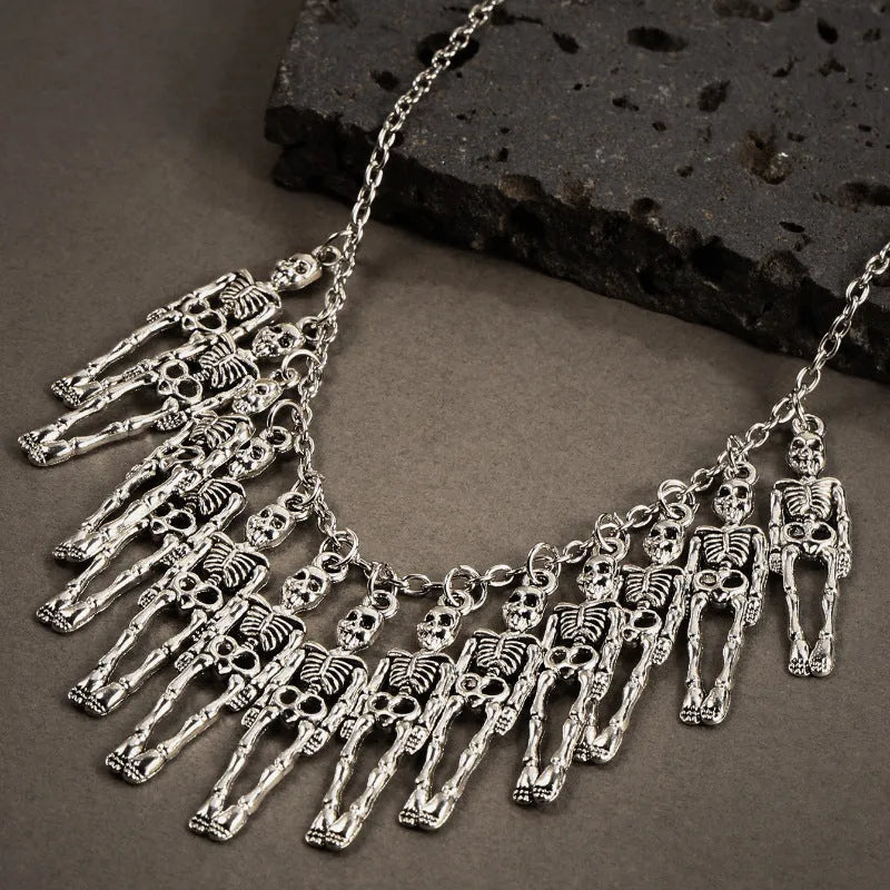 Dark style skull and ghost claw necklace and earrings set in electroplated alloy with adjustable chain