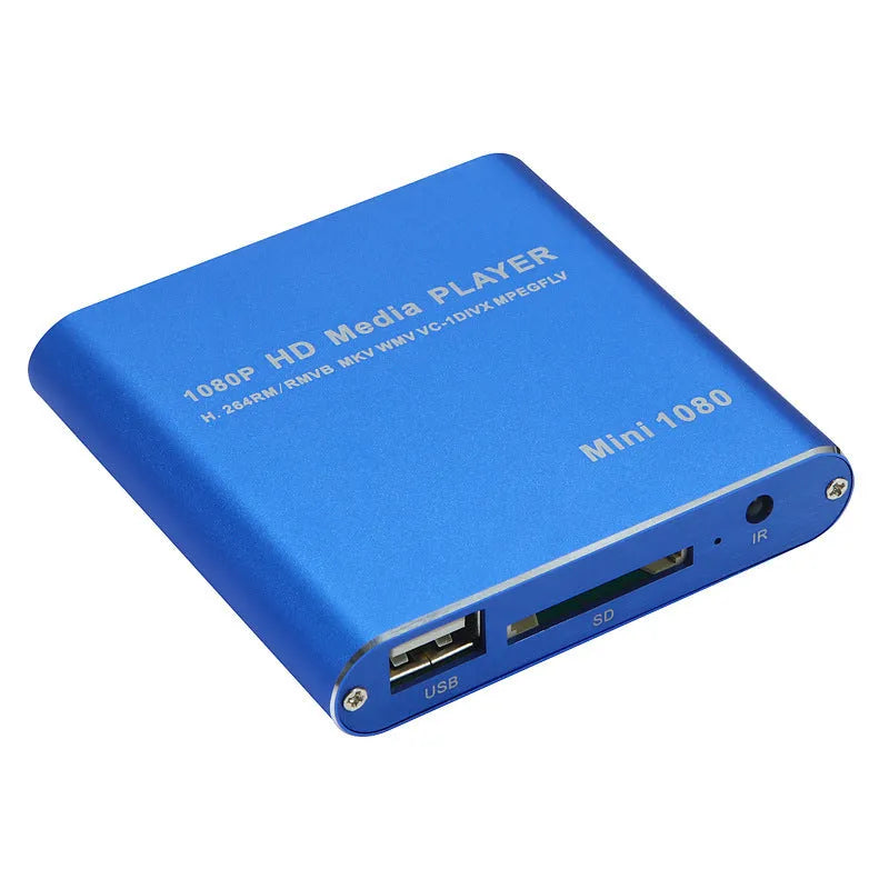 Compact blue or black all-metal 1080P media player with USB, SD card and HDMI ports