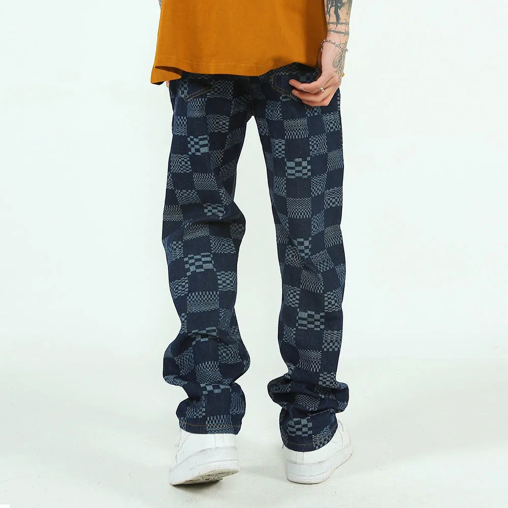 Men's checkerboard jacquard cotton trousers straight loose fit black colour