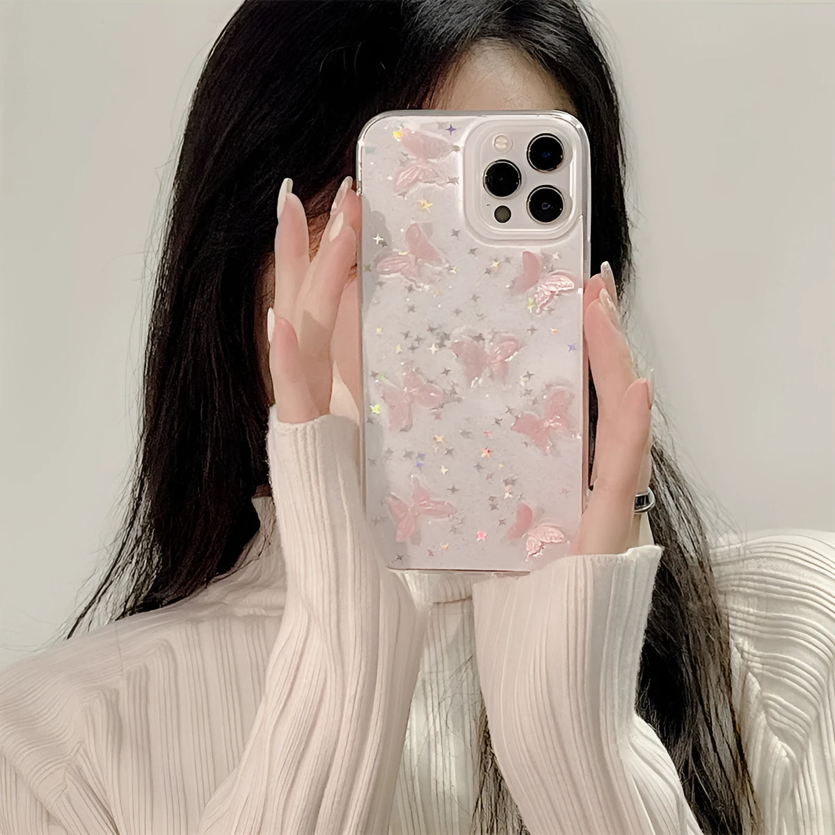 Bow iPhone 13 Pro Max TPU phone case with three-dimensional dream pink butterfly design transparent back cover
