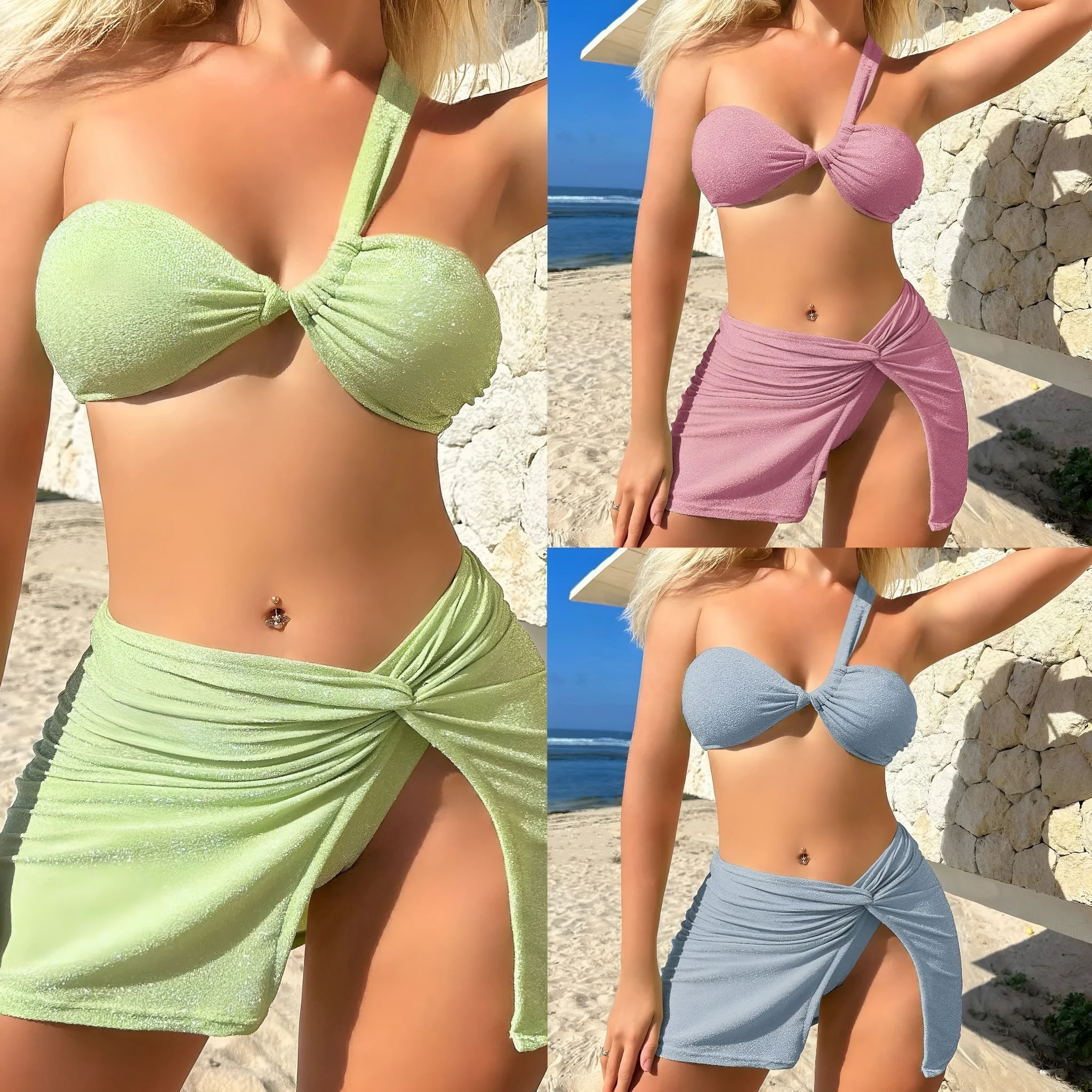 Women's light green one-shoulder swimsuit set with glossy top, high-waisted pants, and matching skirt.