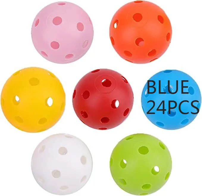 Multi-colour 42mm polyethylene golf practice balls in a net bag.