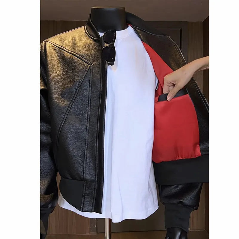 Men's black PU leather jacket with extended length and slim-fit business casual style