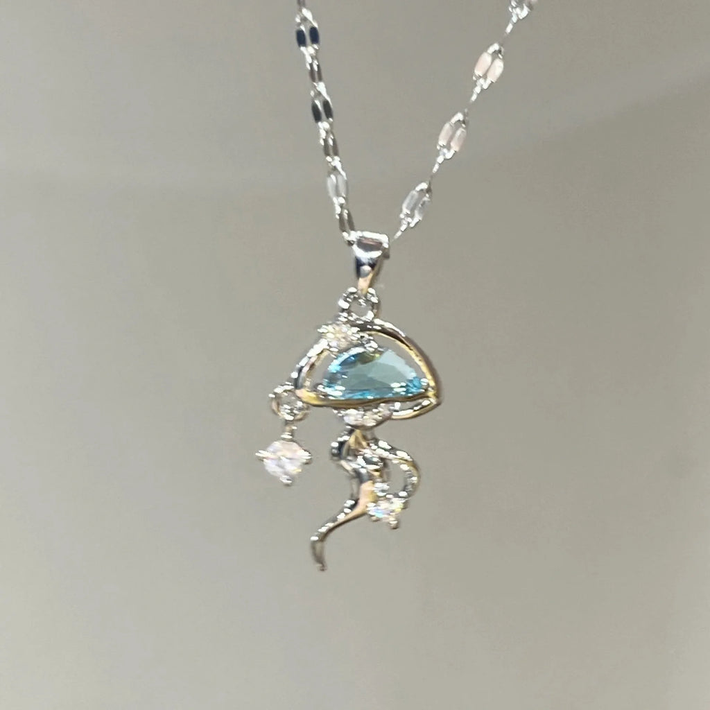 S925 sterling silver blue jellyfish necklace with adjustable chain on white background