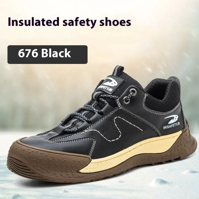 Flyknit leather work safety shoe with rubber sole in black, shown on a grey background
