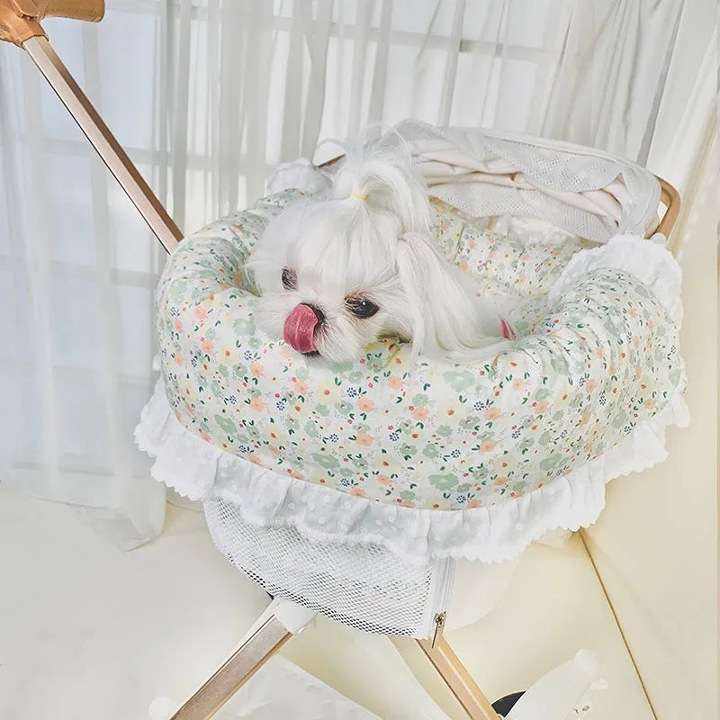Pure cotton pet stroller set with anti-dirty towel, cushion, and pillow in a floral colour pattern.