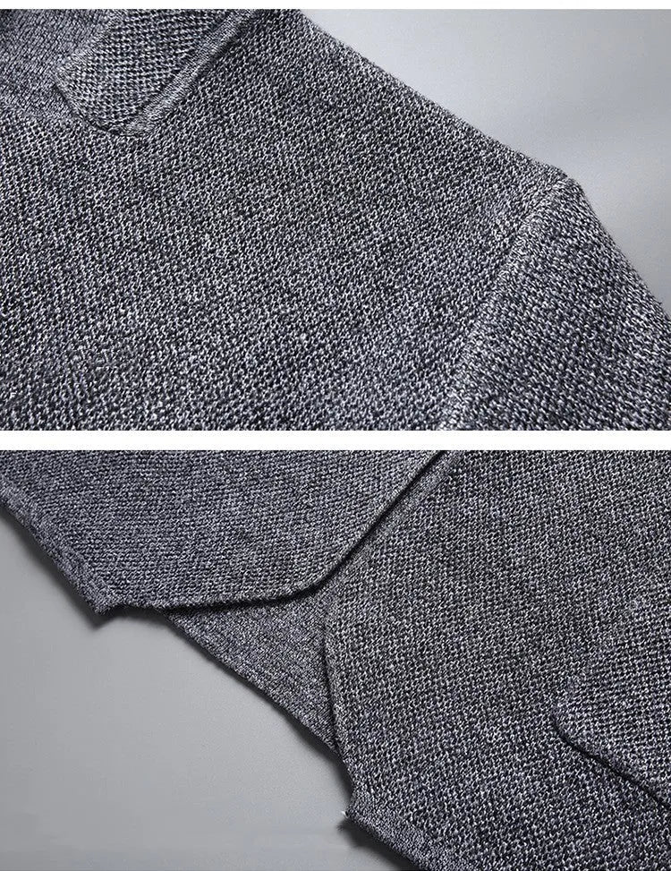Men's pocket stand collar cardigan sweater in black with button front and front pockets
