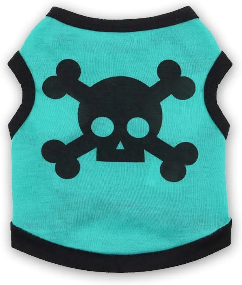 Set of five blue, orange, and purple cotton dog vests with Halloween skull bones pattern.