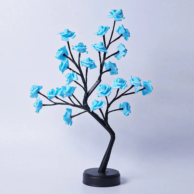 USB rose tree table lamp with bendable branches and LED night light in pink rose colour
