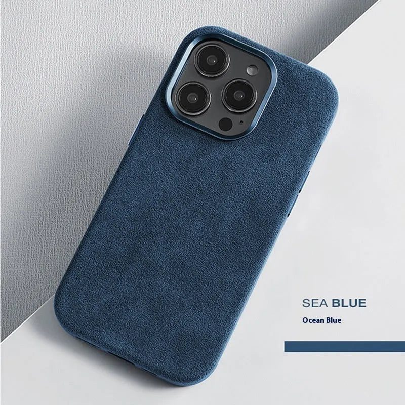 High-grade suede mobile phone protective shell in Violet colour for iPhone, showing MagSafe compatible magnetic area.