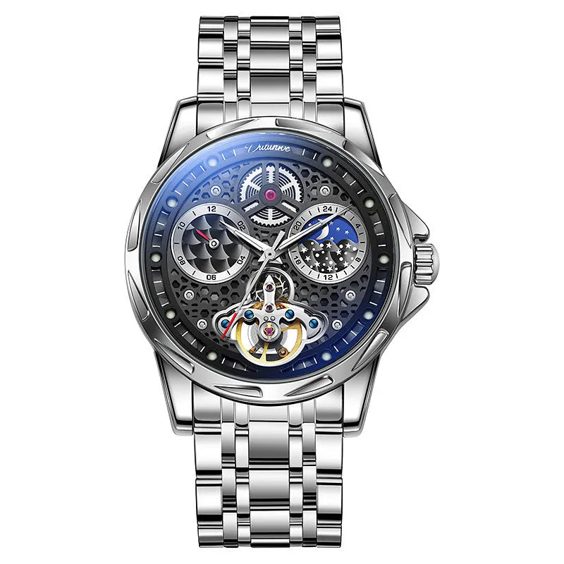 Men's black and white automatic waterproof watch with luminous dial and steel or leather strap