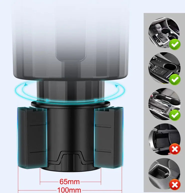 Matte black adjustable car cup holder expander for large bottles installed in a centre console.