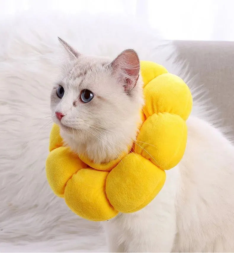 Sunflower-pattern cotton protective collar for dogs and cats, shown with adjustable band and size chart.