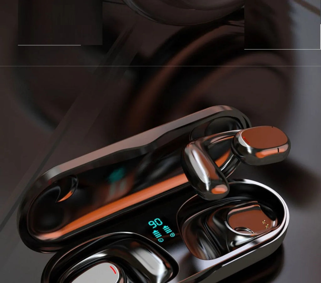 Black and white bilateral stereo Bluetooth earplug headset with its charging case.