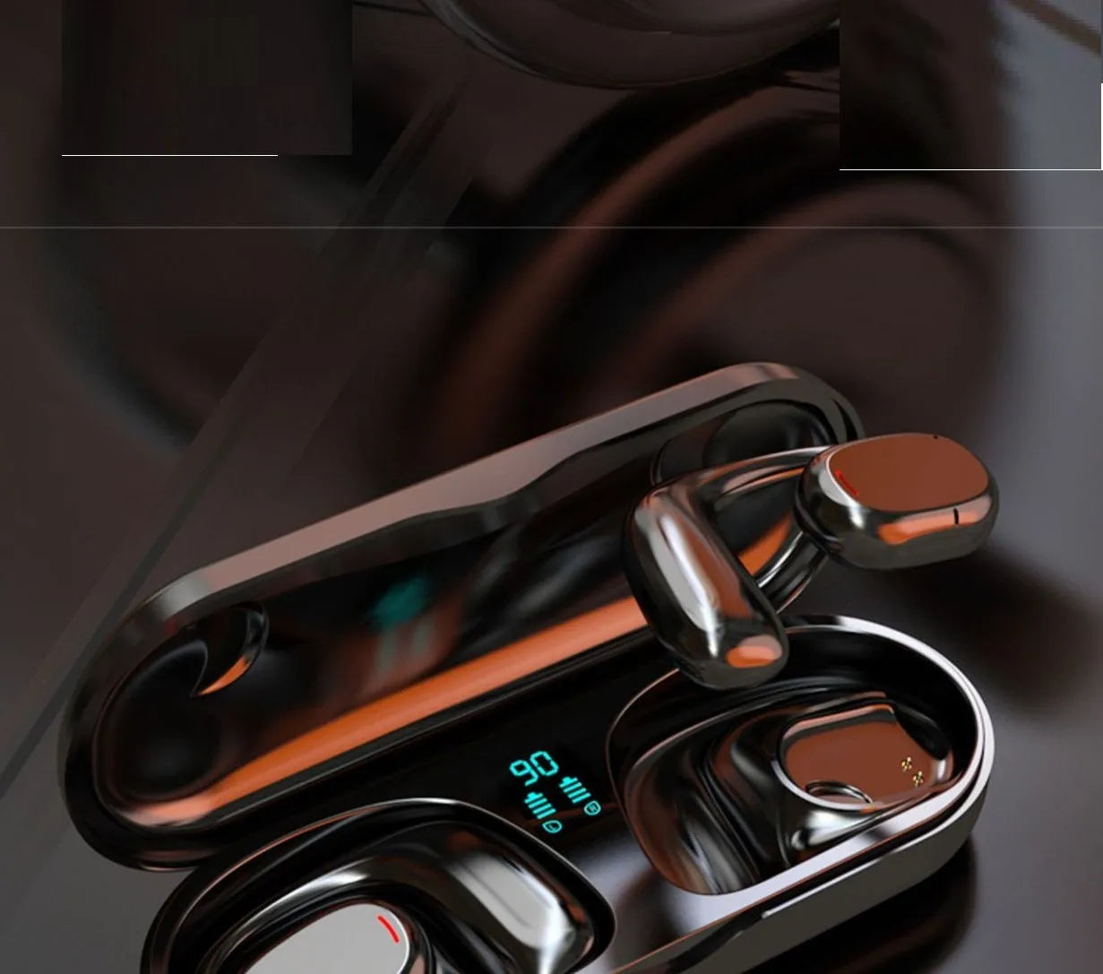 Black and white bilateral stereo Bluetooth earplug headset with its charging case.