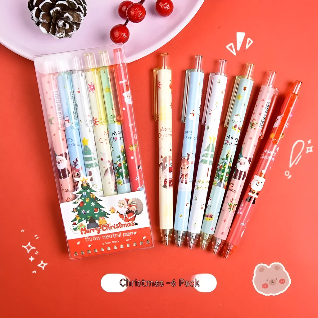 Christmas reward gift press gel ballpoint pen set with six black ink refills in plastic shells
