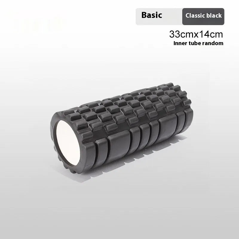 EVA foam roller for fitness in black, grey, pink, sky blue, or light purple on a plain background.