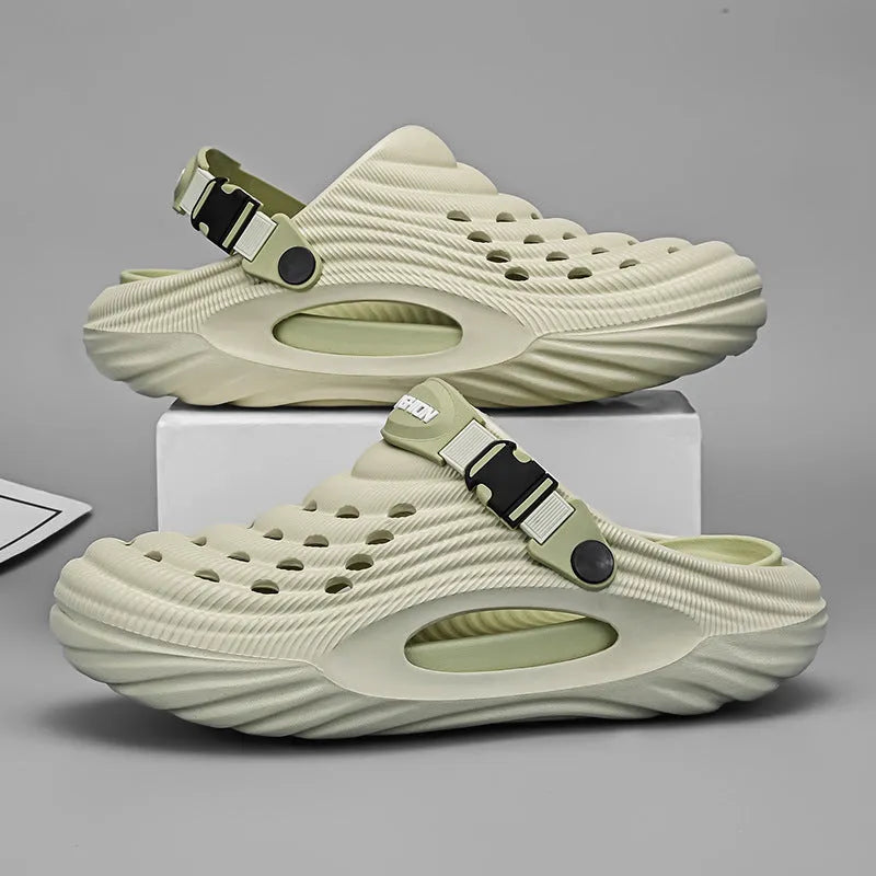 Men's solid colour EVA platform slippers with a hollow-out design, shown in light green.