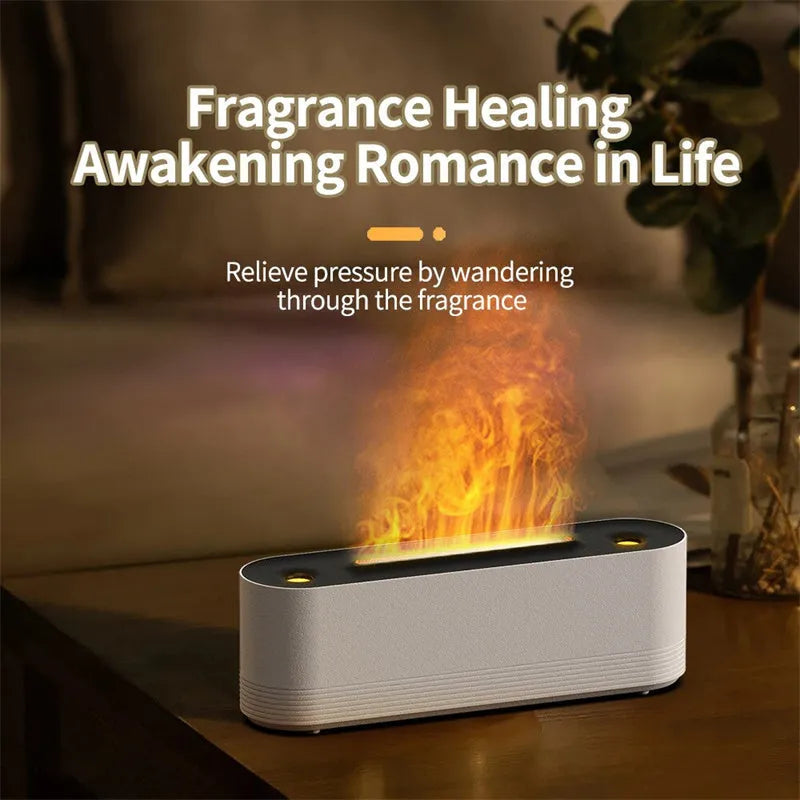Flame air humidifier aroma diffuser with seven colour LED lights and water mist output