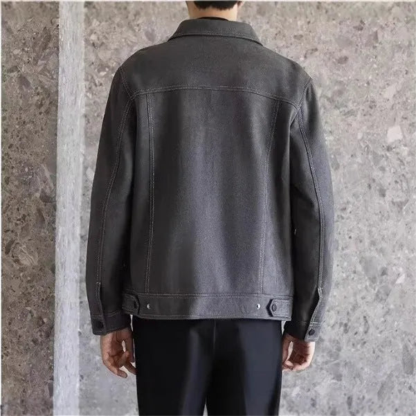 Men's polo collar loose short work coat in black, grey or khaki, sizes M to XXXL, polyester lined