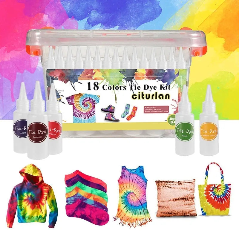 Children's 18 colour dye storage box set with tablecloth, gloves, and rubber bands on white background