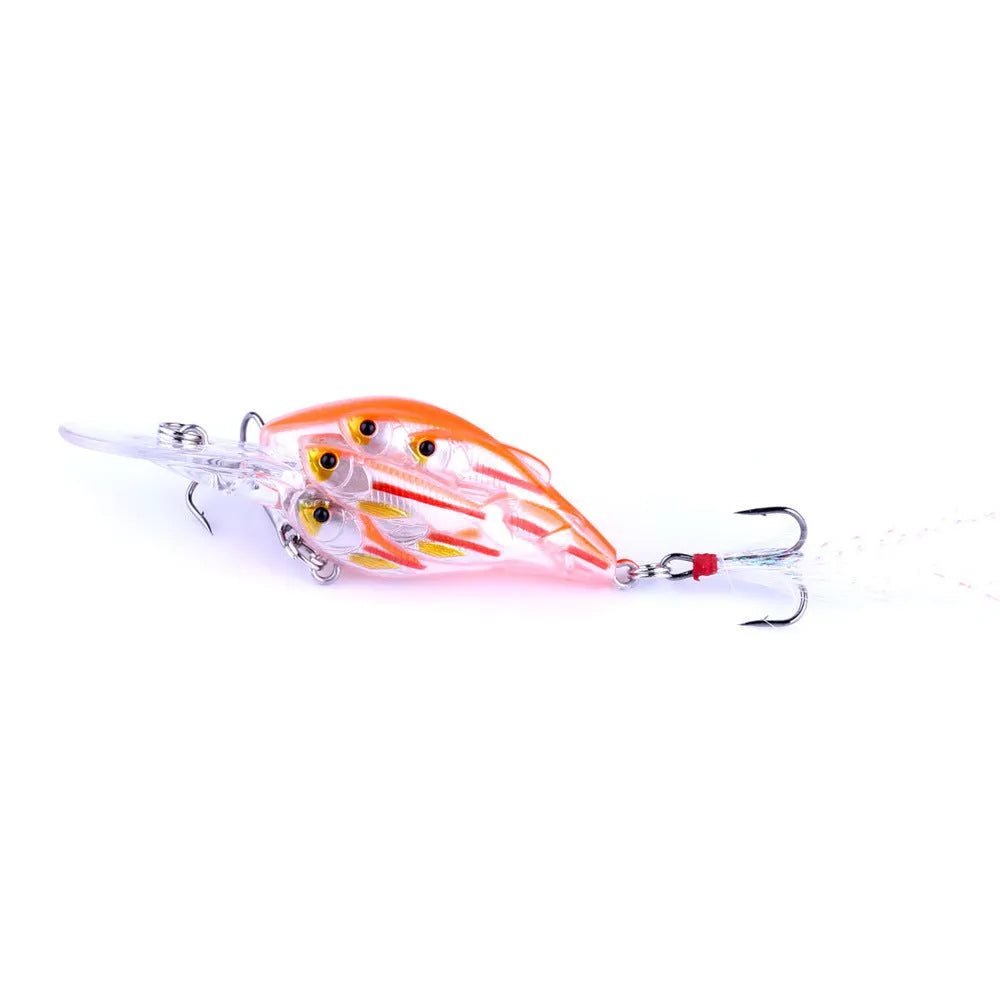 Set of nine multi-colour ABS plastic hard bait fishing lures with feather hooks.