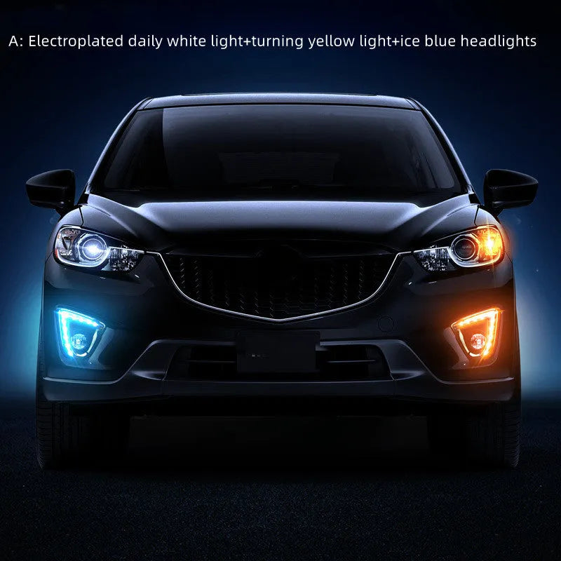 Set of two silver electroplated daytime running light units for a Mazda CX-5 car.