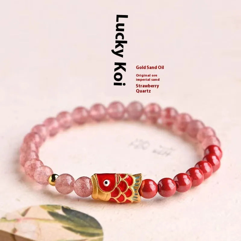 Purple cinnabar and strawberry quartz women's bracelet with lucky koi peach blossom charm
