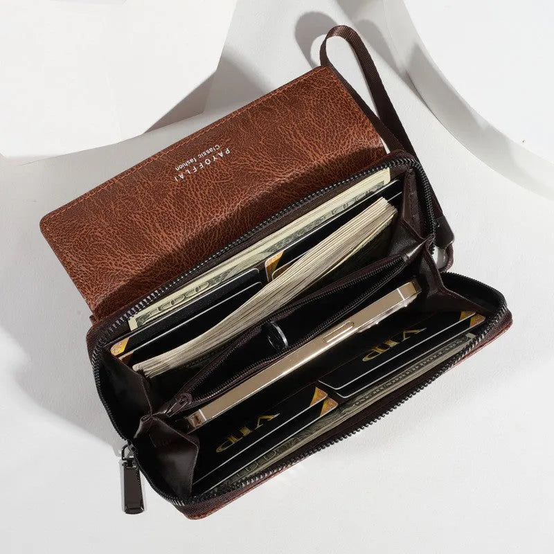 Men's black PU leather wallet showing multiple card slots, displayed next to a brown and coffee coloured version.