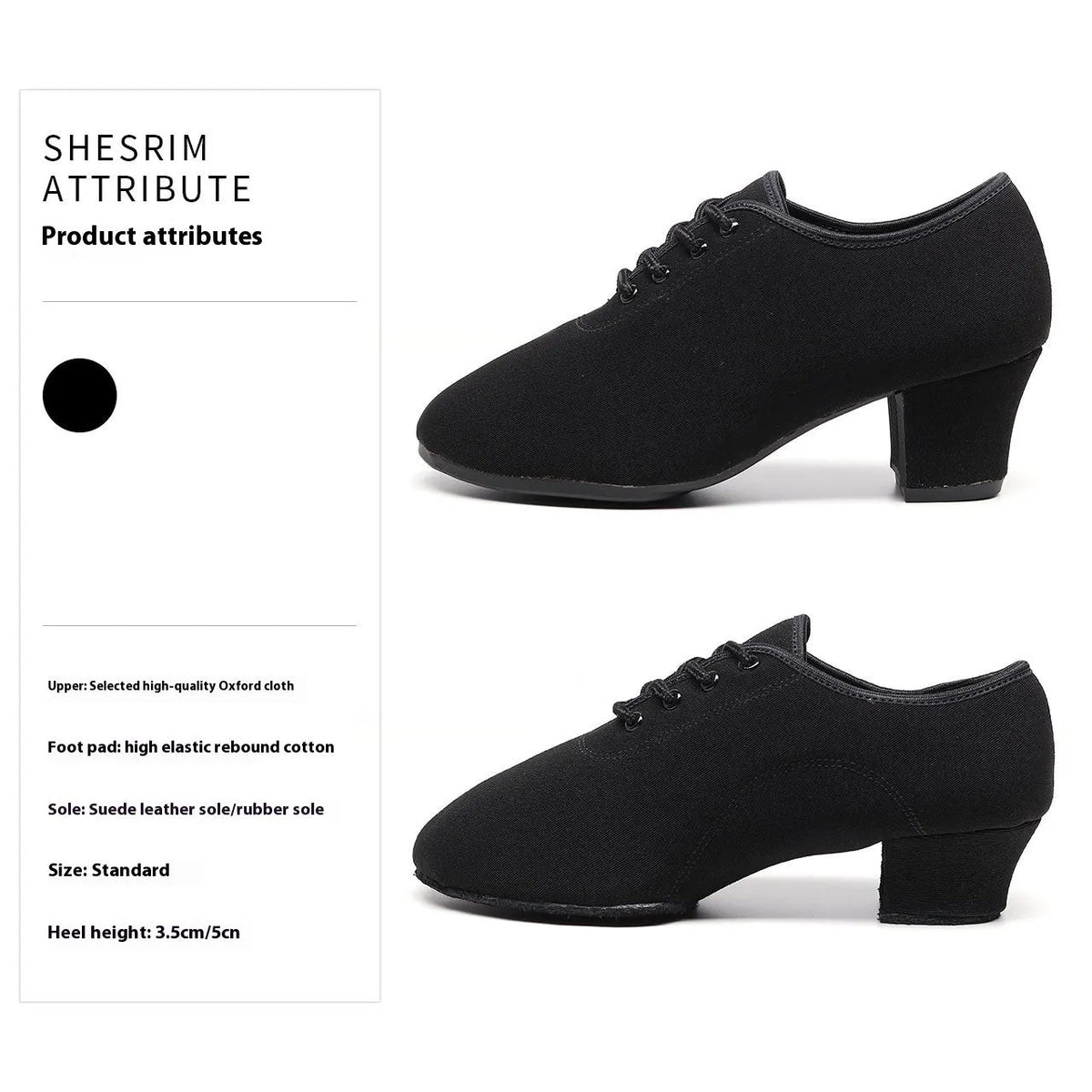 Men's black oxford cloth ballroom dancing shoes with rubber sole and middle heel on a dance floor