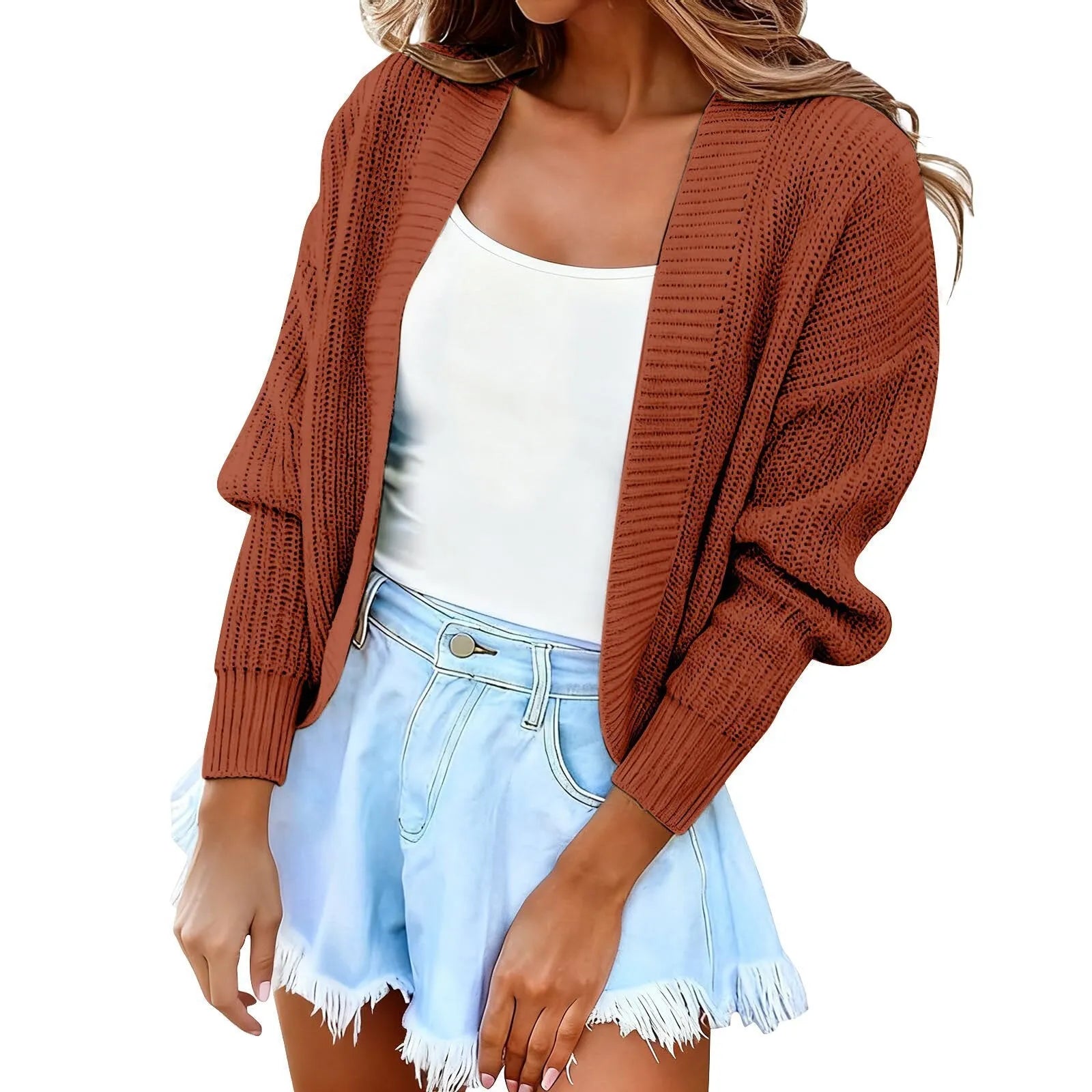 Women's short cape knitted cardigan sweater in solid colour, long sleeves, polyester, open-front style