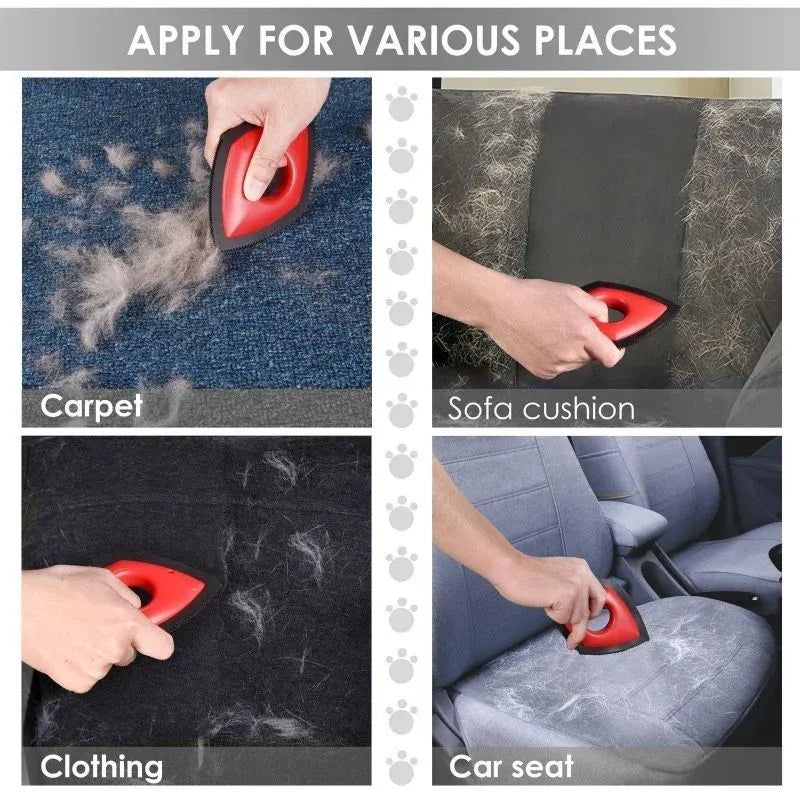 Silicone pet hair remover brush tool for carpet sofa and car seat cleaning in red, green, or black.