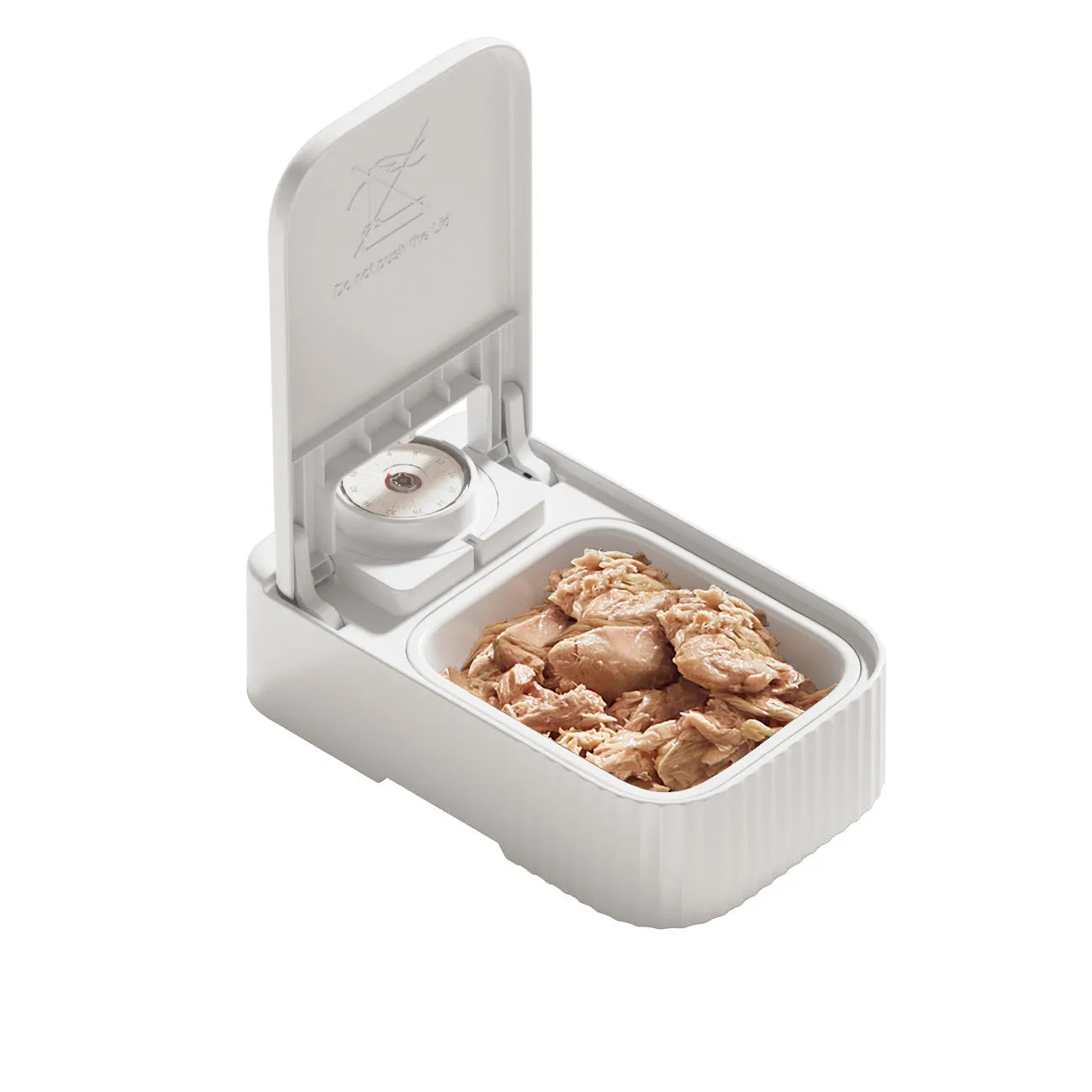 White pet single meal feeder with visual timer and ice crystal cooling box