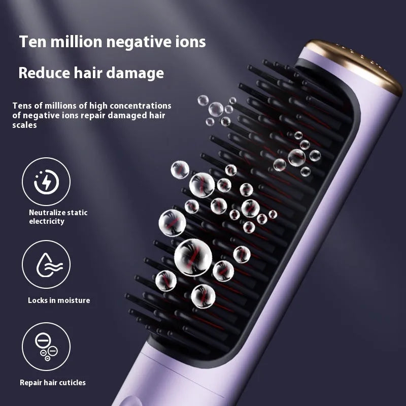 Wireless straightening and curling comb in rose gold colour with multiple international power plug adaptors.
