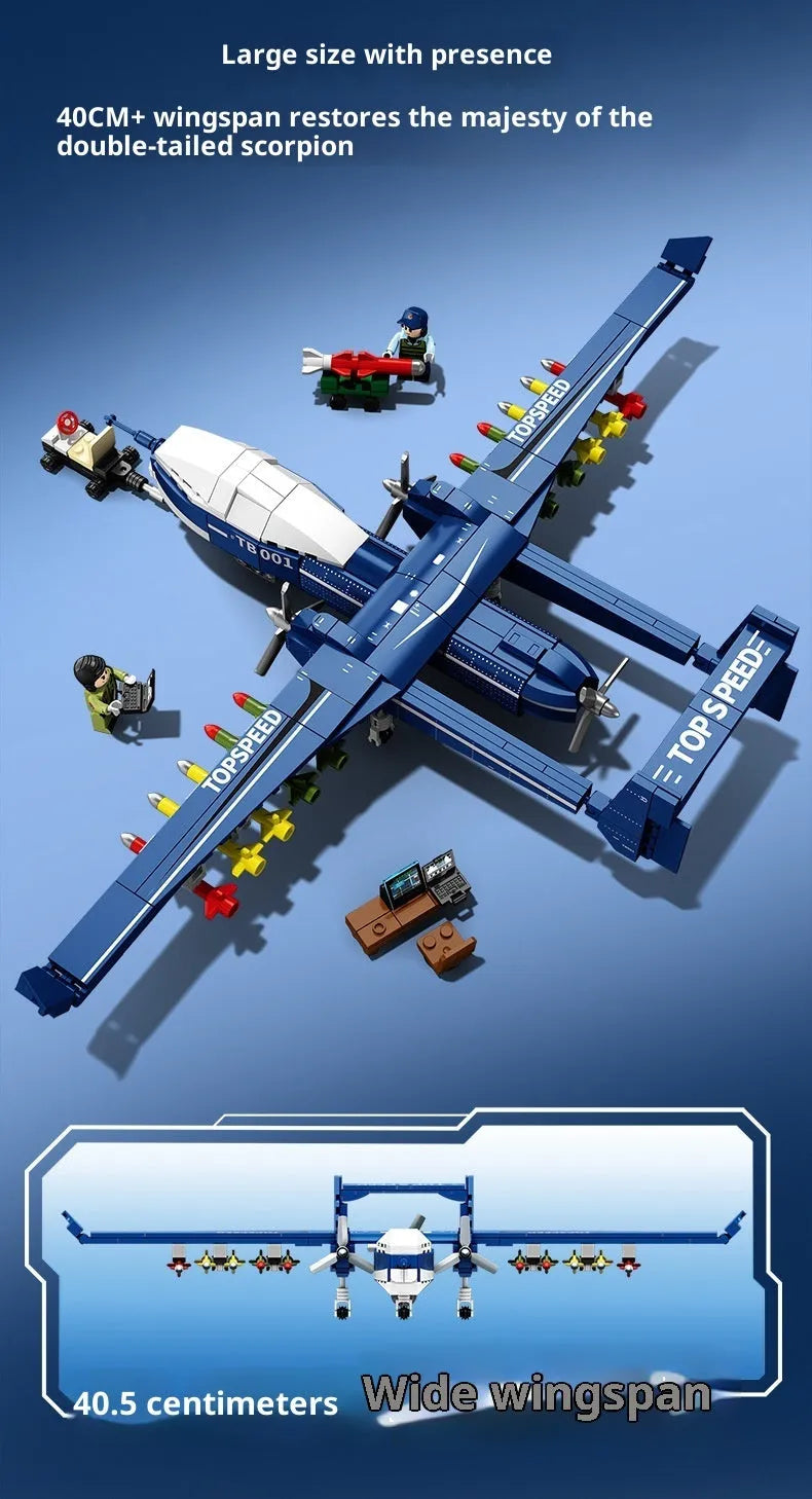 Plastic building block set forming a double-tail scorpion drone in a military series with colour box packaging