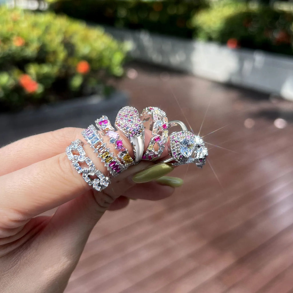 S925 sterling silver zircon ring for women with geometric shape and adjustable open band, sizes 5 to 9