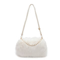 Plush shoulder bag with pearl chain, 27cm wide, shown in black for autumn winter commuting
