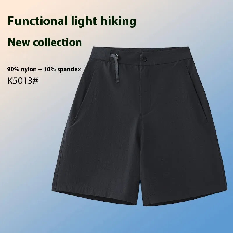 Men's khaki sports shorts with 3D cut and four-way stretch fabric for running and climbing.