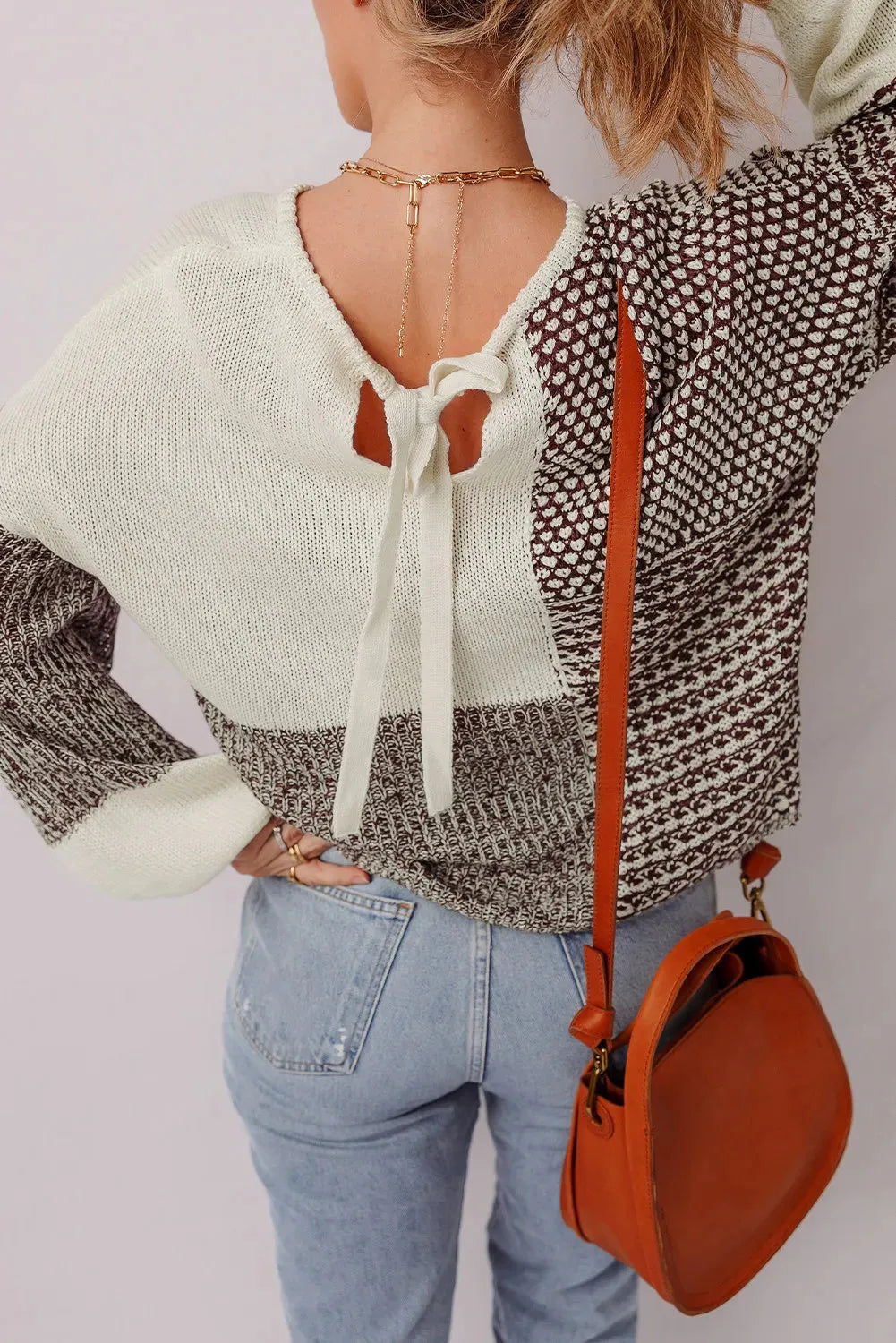 Dark khaki colour block loose sweater with dropped shoulders and a back tie fastening.
