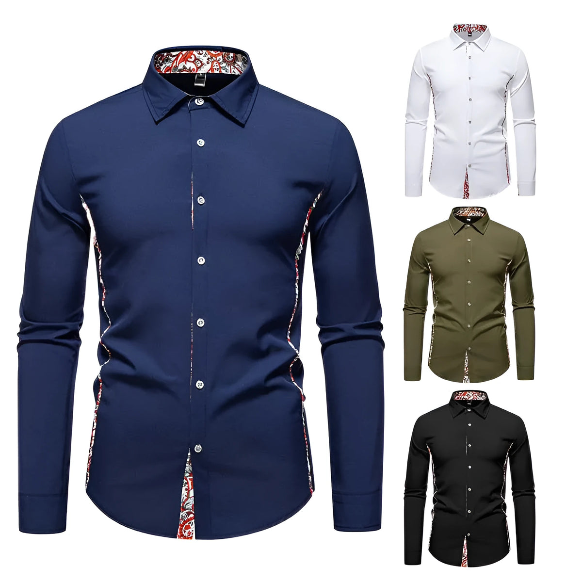 Men's slim fit polo collar shirt with paisley pattern and colour blocking in white, black, army green or navy blue