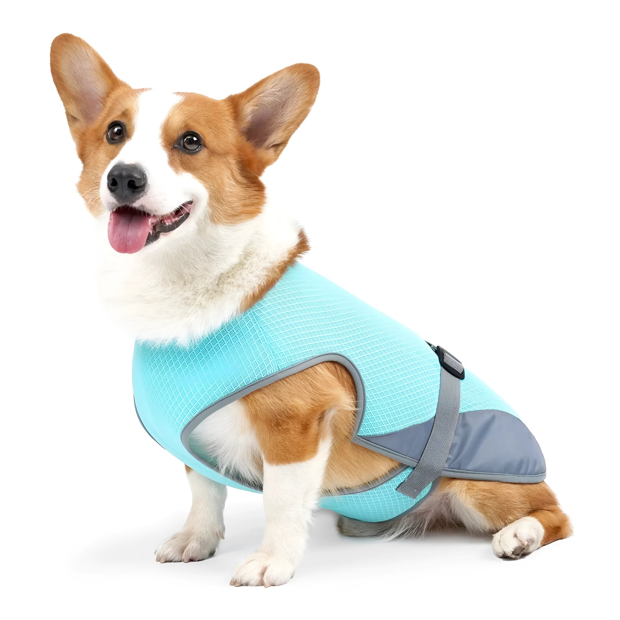 Light grey polyester mesh dog cooling vest showing breathable fabric texture on a mannequin